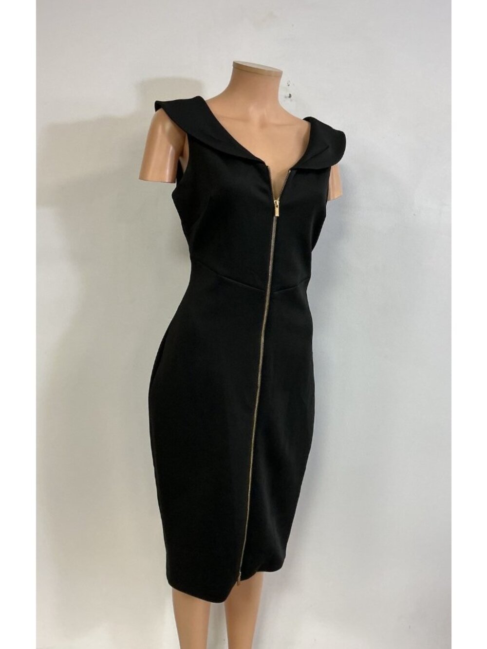Calvin Klein Black Gold Zip Front Sleeveless Bodycon Midi Dress Womens 8